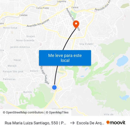 Rua Maria Luiza Santiago, 550 | Ponto Final Das Linhas Do Bh Shopping to Escola De Arquitetura Da Ufmg map