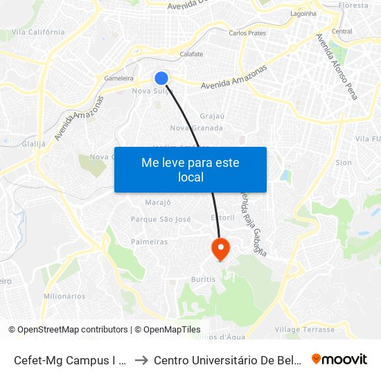 Cefet-Mg Campus I - Ponto 1 to Centro Universitário De Belo Horizonte map