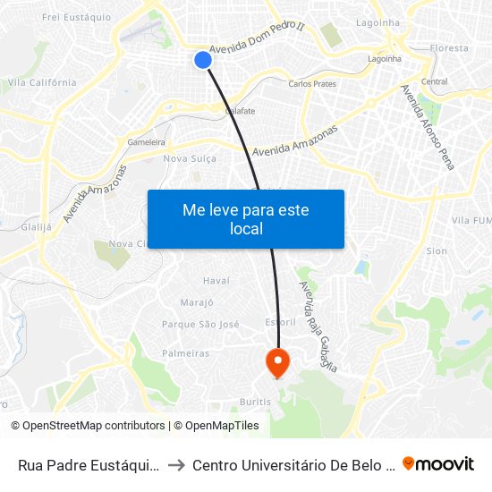 Rua Padre Eustáquio, 2636 to Centro Universitário De Belo Horizonte map