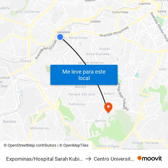Expominas/Hospital Sarah Kubitschek E Oposto Ao 5º Batalhão Pmmg to Centro Universitário De Belo Horizonte map