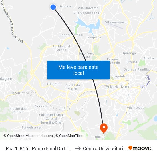 Rua 1, 815 | Ponto Final Da Linha 3302-A No Nova Pampulha to Centro Universitário De Belo Horizonte map