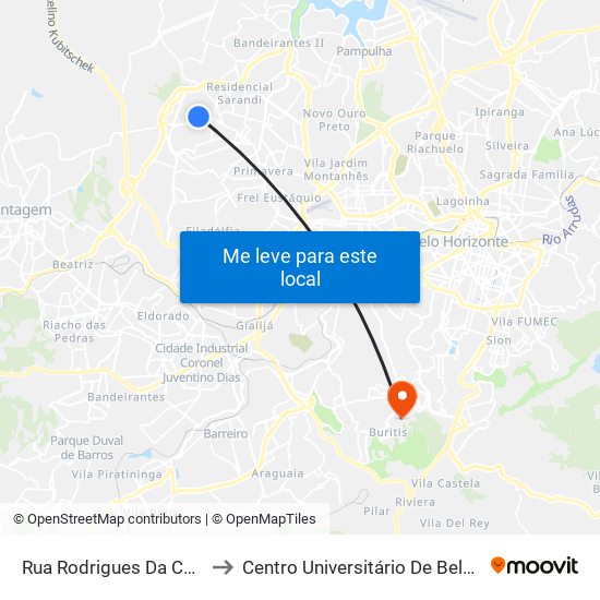 Rua Rodrigues Da Cunha, 480 to Centro Universitário De Belo Horizonte map