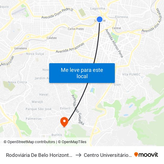 Rodoviária De Belo Horizonte | Pátio Externo - Ponto 2 to Centro Universitário De Belo Horizonte map