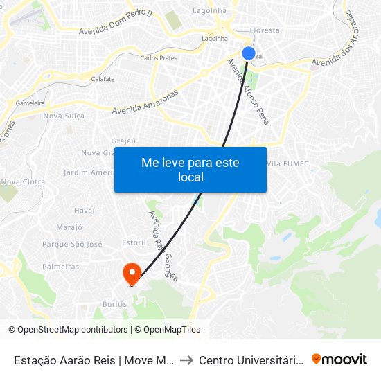 Estação Aarão Reis | Move Metropolitano - Plataforma 2a to Centro Universitário De Belo Horizonte map