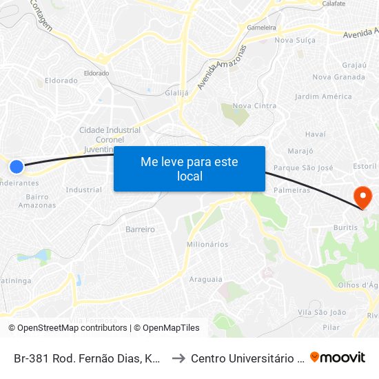 Br-381 Rod. Fernão Dias, Km 479,6 Sul | Mcdonald's to Centro Universitário De Belo Horizonte map