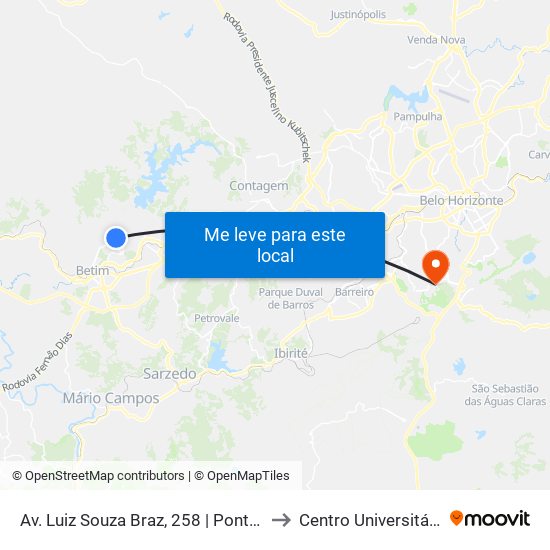 Av. Luiz Souza Braz, 258 | Ponto Final Das Linhas Do Bueno Franco to Centro Universitário De Belo Horizonte map