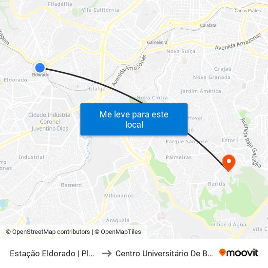 Estação Eldorado | Plataforma A1 to Centro Universitário De Belo Horizonte map