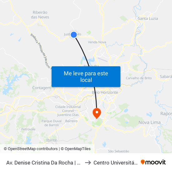 Av. Denise Cristina Da Rocha | Linhas Sit Neves - Sentido Lagoinha to Centro Universitário De Belo Horizonte map