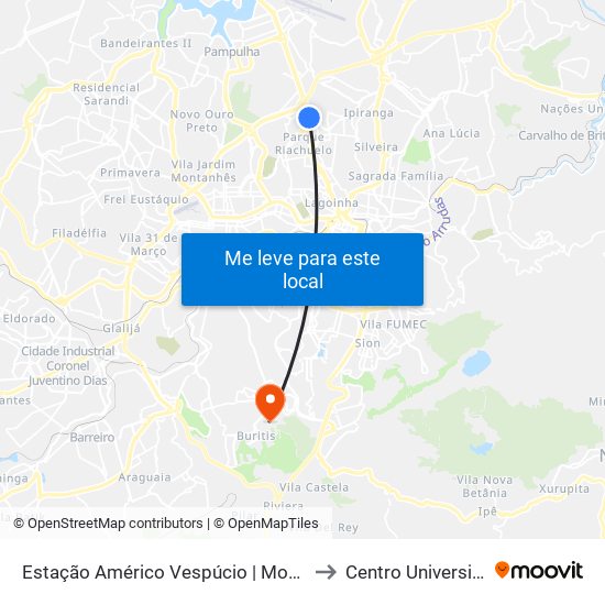 Estação Américo Vespúcio | Move Municipal - Plataforma A1 - Sentido Centro to Centro Universitário De Belo Horizonte map