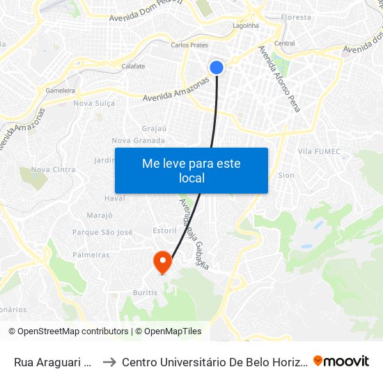 Rua Araguari 741 to Centro Universitário De Belo Horizonte map