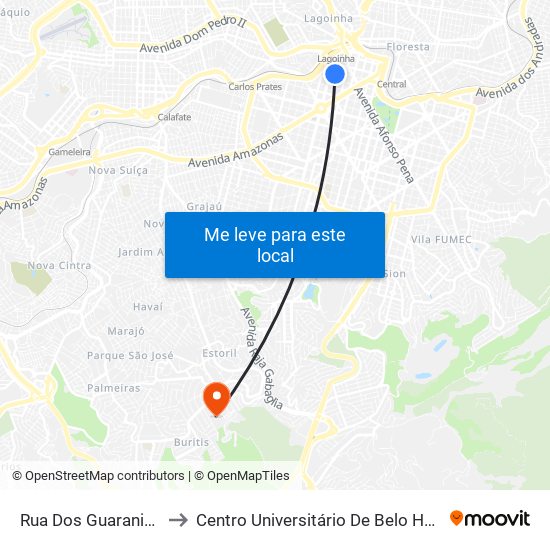 Rua Dos Guaranis 276 to Centro Universitário De Belo Horizonte map