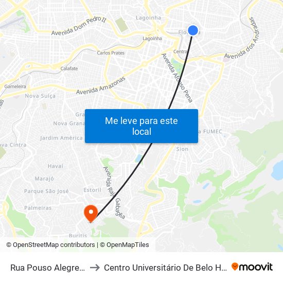 Rua Pouso Alegre 1117 to Centro Universitário De Belo Horizonte map