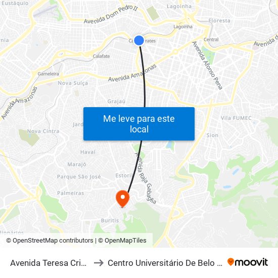 Avenida Teresa Cristina 35 to Centro Universitário De Belo Horizonte map