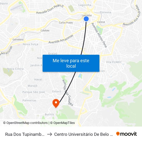 Rua Dos Tupinambas 933 to Centro Universitário De Belo Horizonte map