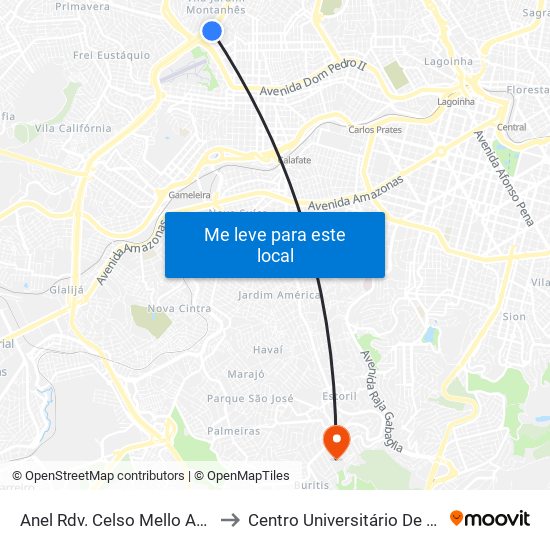 Anel Rdv. Celso Mello Azevedo, 13750 to Centro Universitário De Belo Horizonte map