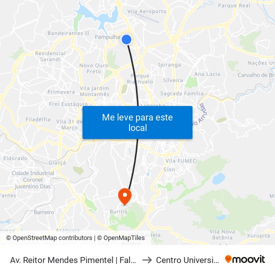 Av. Reitor Mendes Pimentel | Fale/Eci/Fafich/Cad 2 (Sentido Antônio Carlos) to Centro Universitário De Belo Horizonte map