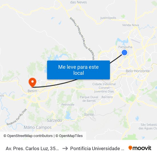 Av. Pres. Carlos Luz, 3500 | Escola De Educação Física Da Ufmg to Pontifícia Universidade Católica De Minas Gerais - Campus Betim map