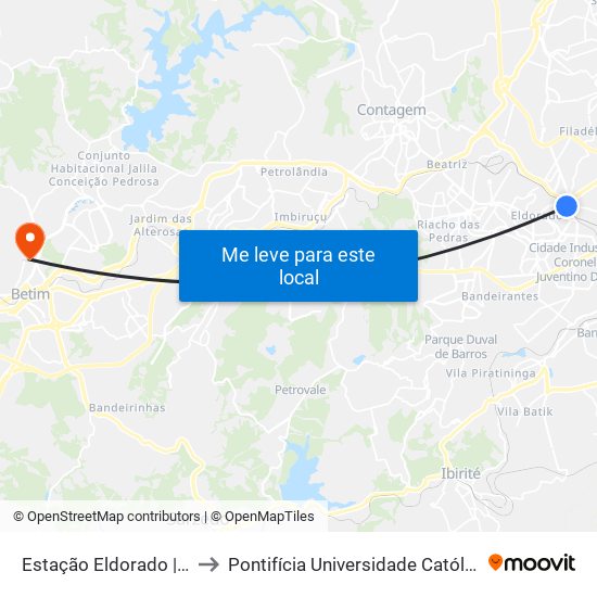 Estação Eldorado | Ponto 1 - Sentido Bairro to Pontifícia Universidade Católica De Minas Gerais - Campus Betim map