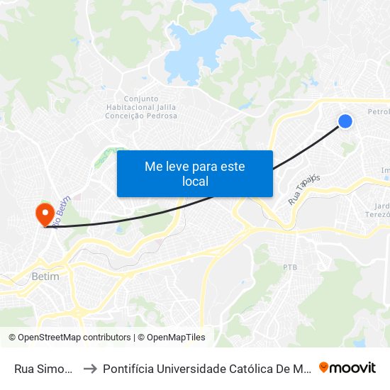 Rua Simonésia, 279 to Pontifícia Universidade Católica De Minas Gerais - Campus Betim map