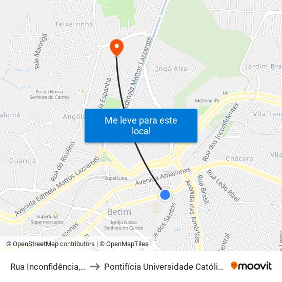 Rua Inconfidência, 179 | Hotel Primavera to Pontifícia Universidade Católica De Minas Gerais - Campus Betim map