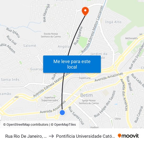 Rua Rio De Janeiro, 80 | Lactário Afonso Pena to Pontifícia Universidade Católica De Minas Gerais - Campus Betim map