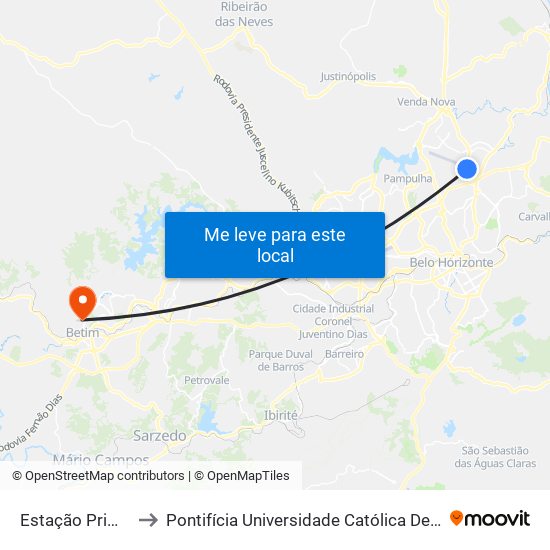 Estação Primeiro De Maio to Pontifícia Universidade Católica De Minas Gerais - Campus Betim map