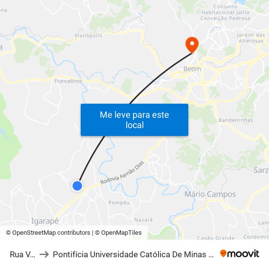 Rua V, 467 to Pontifícia Universidade Católica De Minas Gerais - Campus Betim map