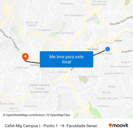 Cefet-Mg Campus I - Ponto 1 to Faculdade Senac map