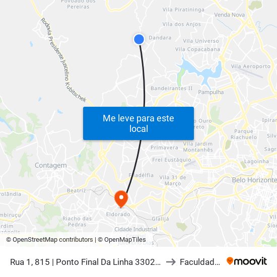 Rua 1, 815 | Ponto Final Da Linha 3302-A No Nova Pampulha to Faculdade Senac map