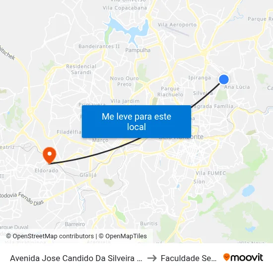 Avenida Jose Candido Da Silveira 2115 to Faculdade Senac map