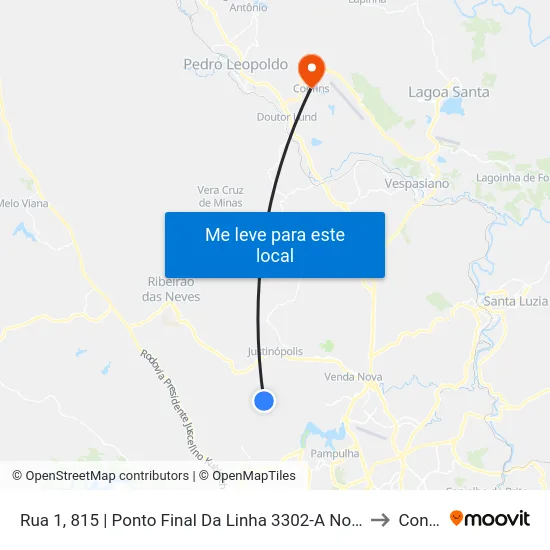 Rua 1, 815 | Ponto Final Da Linha 3302-A No Nova Pampulha to Confins map