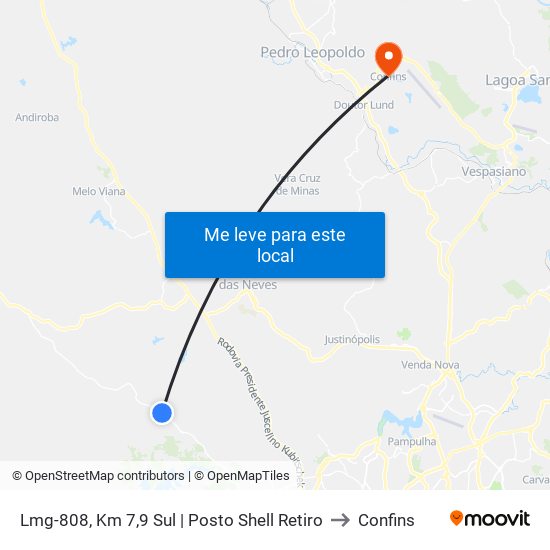 Lmg-808, Km 7,9 Sul | Posto Shell Retiro to Confins map