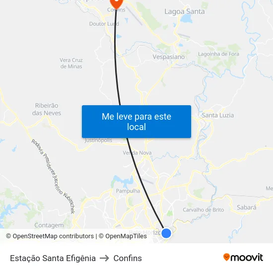 Estação Santa Efigênia to Confins map
