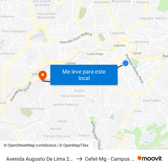 Avenida Augusto De Lima 270 to Cefet-Mg - Campus VI map