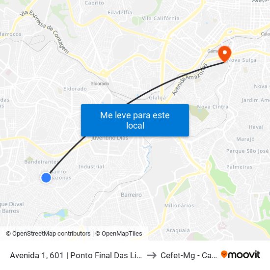 Avenida 1, 601 | Ponto Final Das Linhas 002a E 002b to Cefet-Mg - Campus VI map