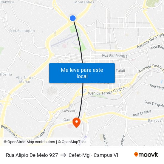 Rua Alipio De Melo 927 to Cefet-Mg - Campus VI map