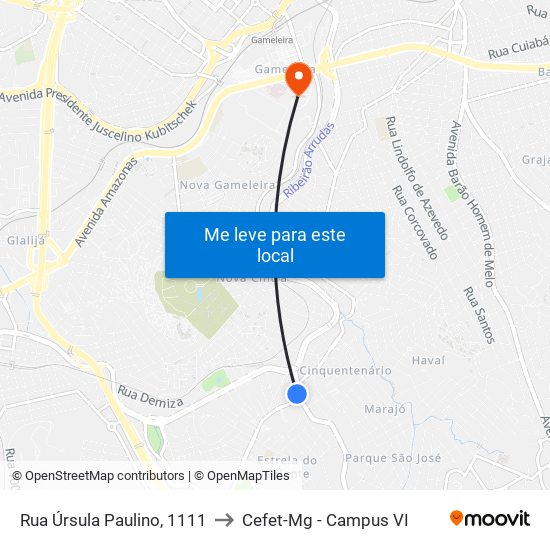 Rua Úrsula Paulino, 1111 to Cefet-Mg - Campus VI map