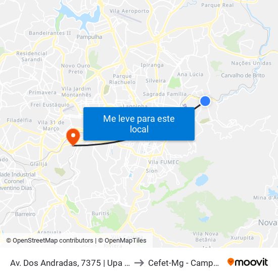 Av. Dos Andradas, 7375 | Upa Leste to Cefet-Mg - Campus VI map