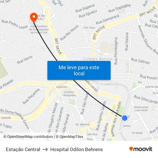Estação Central to Hospital Odilon Behrens map