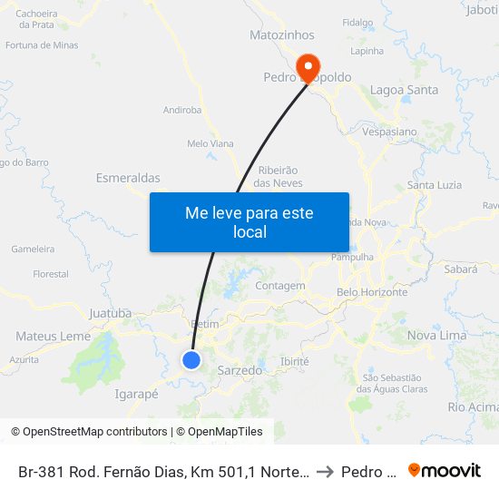 Br-381 Rod. Fernão Dias, Km 501,1 Norte | Entr. Amg-0155 Para Mário Campos to Pedro Leopoldo map