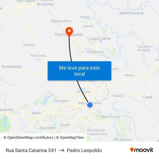 Rua Santa Catarina 341 to Pedro Leopoldo map