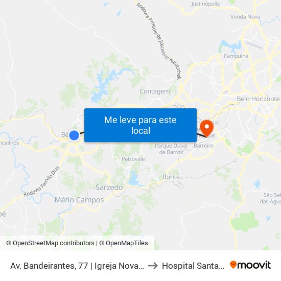 Av. Bandeirantes, 77 | Igreja Nova Canaã to Hospital Santa Rita map