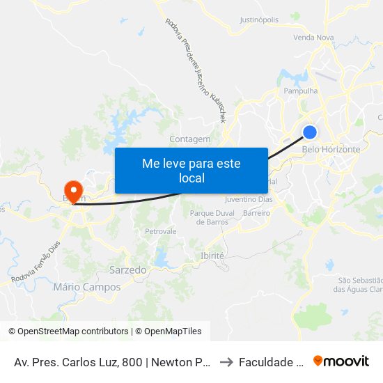 Av. Pres. Carlos Luz, 800 | Newton Paiva Centro-Universitário to Faculdade Pitágoras map