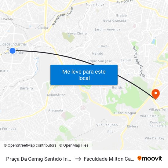 Praça Da Cemig Sentido Industrial to Faculdade Milton Campos map