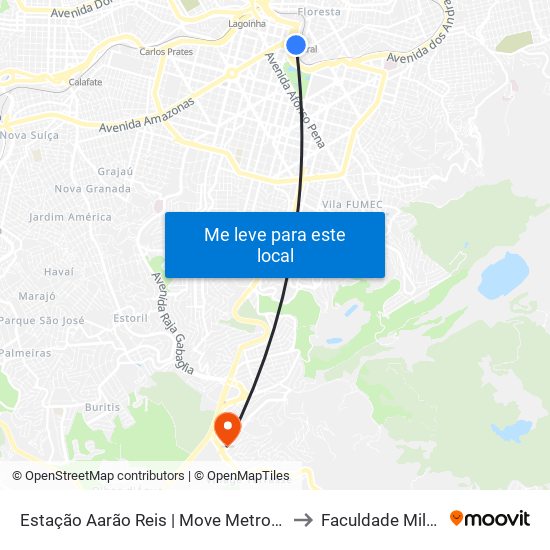 Estação Aarão Reis | Move Metropolitano - Plataforma 2a to Faculdade Milton Campos map