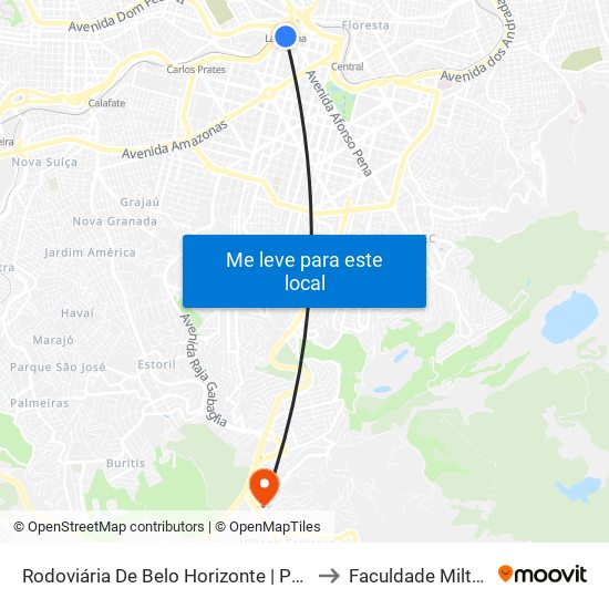 Rodoviária De Belo Horizonte | Pátio Externo - Ponto 4 to Faculdade Milton Campos map