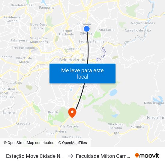 Estação Move Cidade Nova to Faculdade Milton Campos map