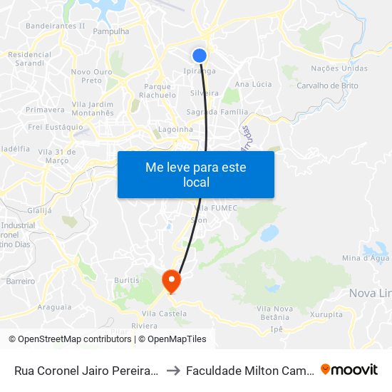 Rua Coronel Jairo Pereira 280 to Faculdade Milton Campos map