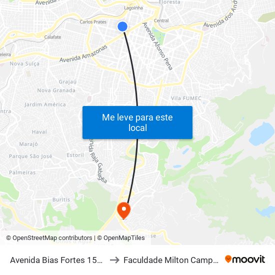 Avenida Bias Fortes 1536 to Faculdade Milton Campos map