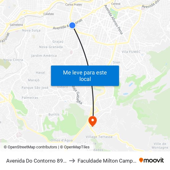 Avenida Do Contorno 8969 to Faculdade Milton Campos map